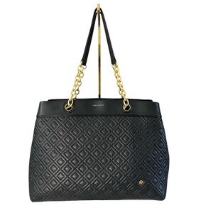 Tory Burch Fleming Tote 41885 Black Quilted Leather Triple Compartment